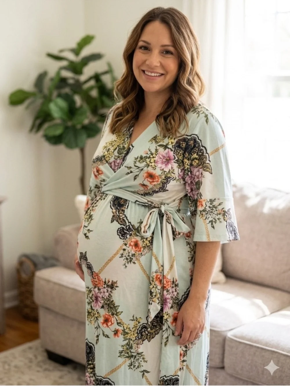 Jessica Simpson Maternity Floral boho Dress Tie Waist V-Neck mint Green Size L